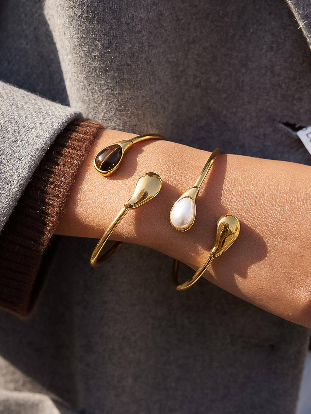 Harbor 18K Gold Non-Tarnish Open Cuff Stone Bracelet: White
