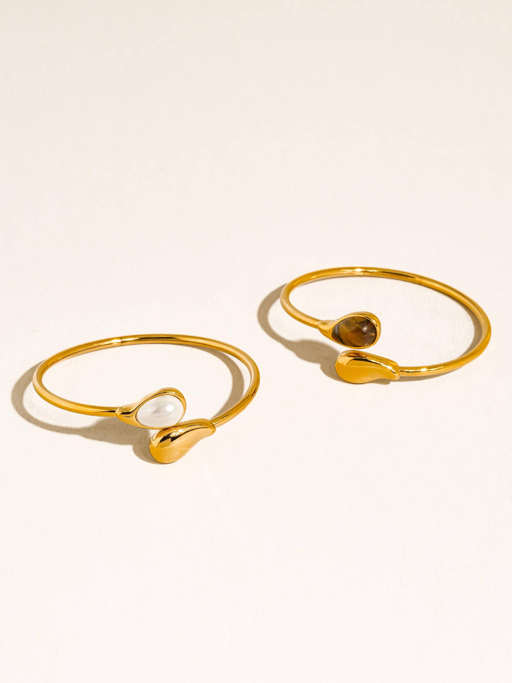 Harbor 18K Gold Non-Tarnish Open Cuff Stone Bracelet: Brown