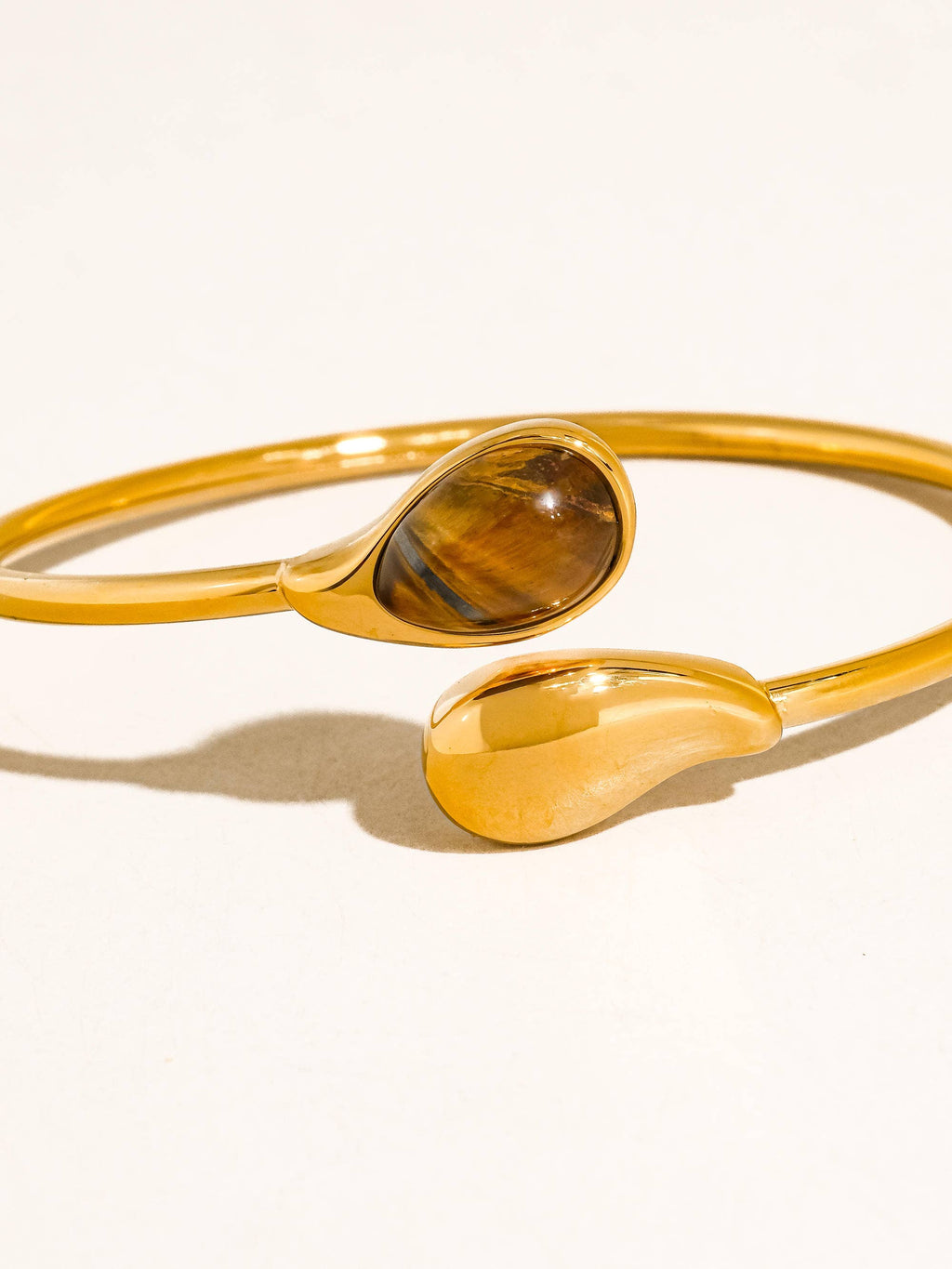 Harbor 18K Gold Non-Tarnish Open Cuff Stone Bracelet: Brown