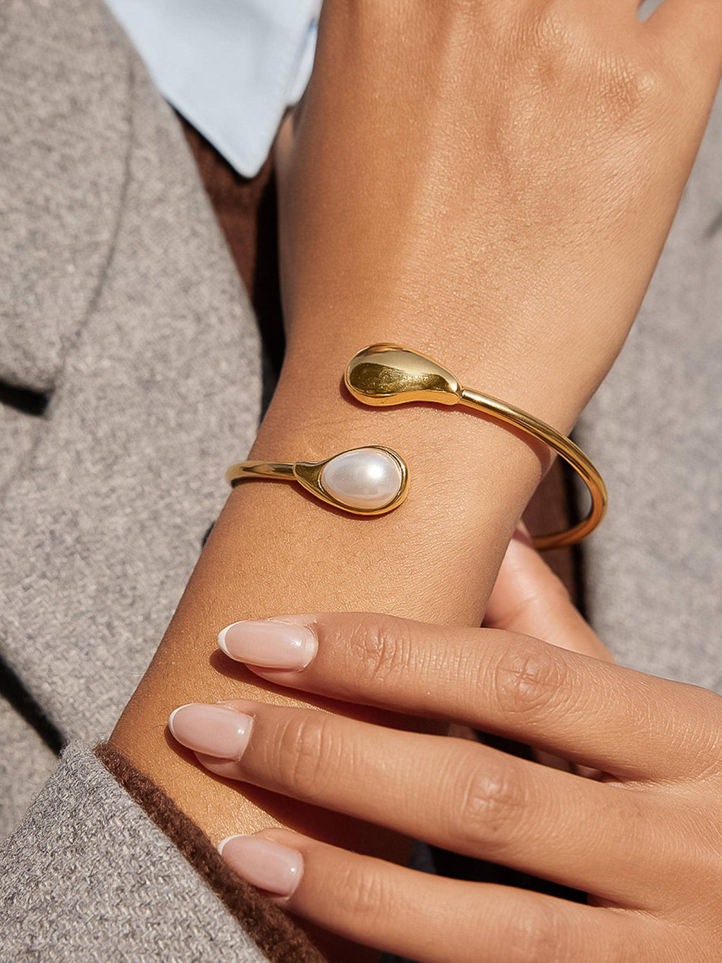 Harbor 18K Gold Non-Tarnish Open Cuff Stone Bracelet: Brown