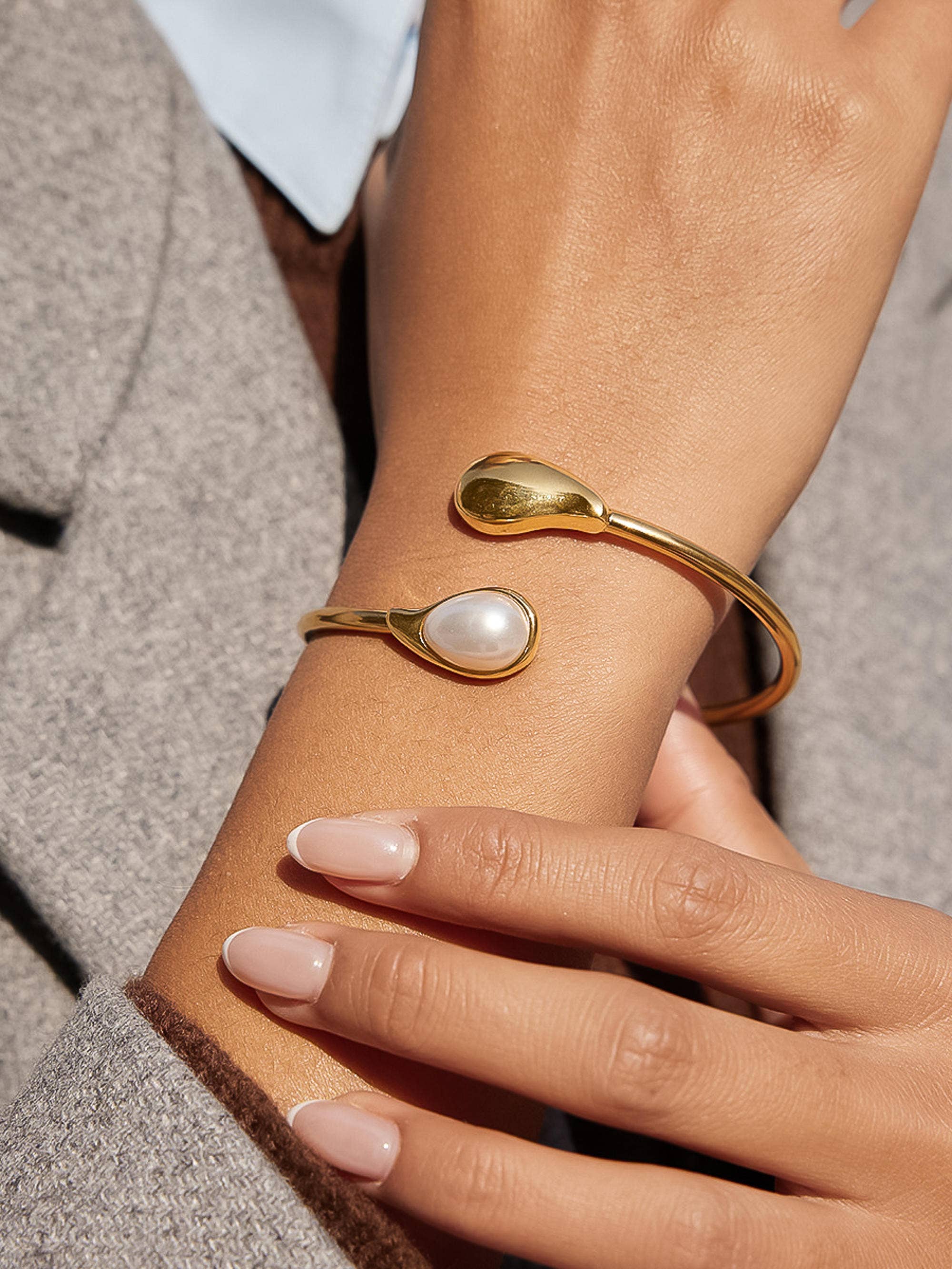 Harbor 18K Gold Non-Tarnish Open Cuff Stone Bracelet: Brown